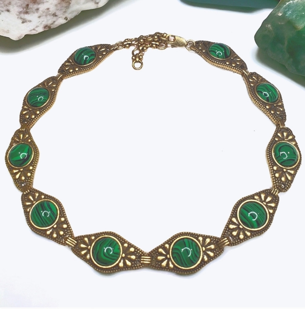 Antiqued Gold Etruscan Malachite Cabochon Statement Necklace